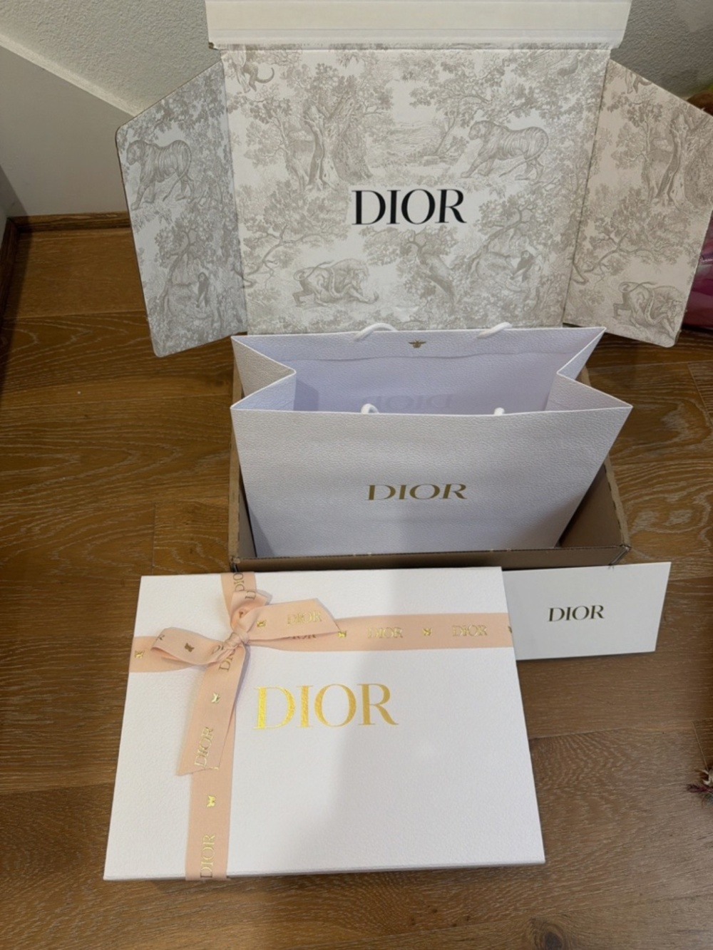 Large Dior Storage Empty Gift Box w. Tissue Peach Ribbon Bag 12.5 x 9 x 5 in NEW